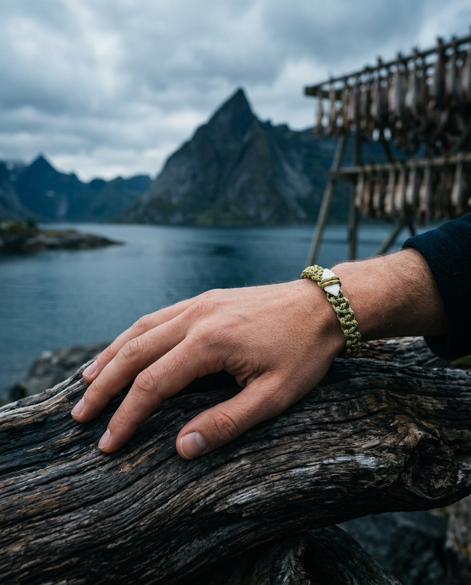 Legenden bracelet worn on a wrist resting on driftwood, with Lofoten mountains, fjord and a fiskehjell in the background