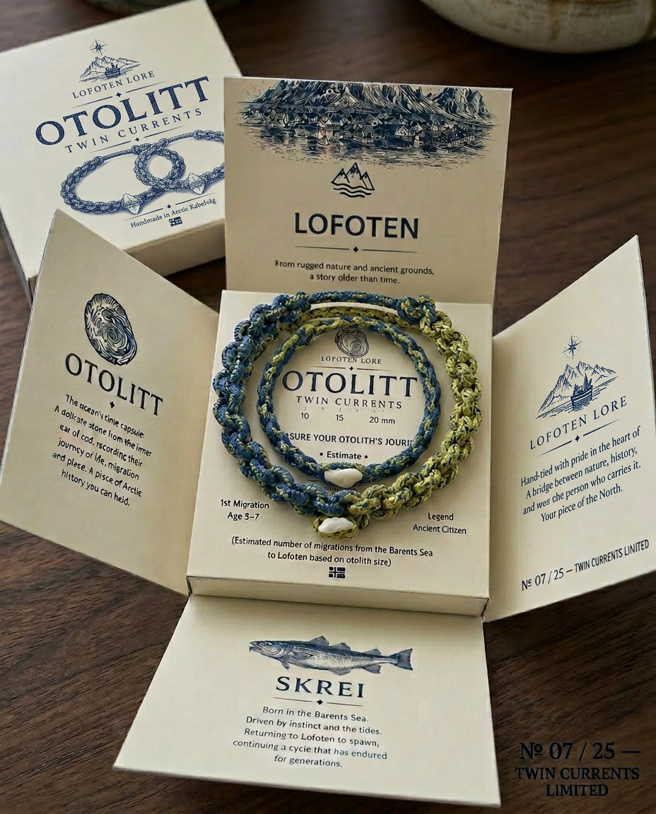 Twin Currents — a pair of hand-braided blue and yellow paracord bracelets with white cod otoliths, presented in the OTOLITT Twin Currents story box on dark walnut