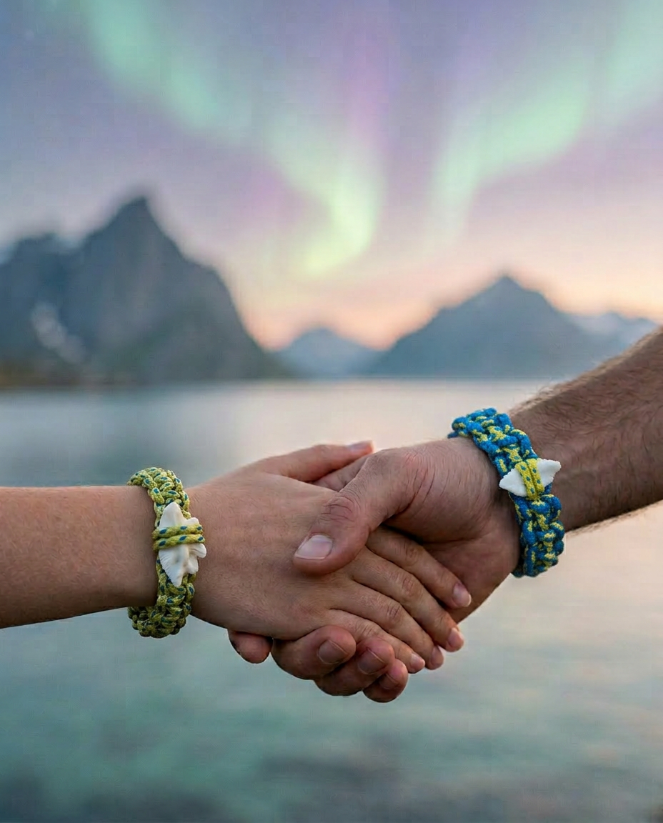 Two hands — a woman's and a man's — holding each other while wearing matching Twin Currents paracord bracelets, with Lofoten mountains, sea and the northern lights softly out of focus behind