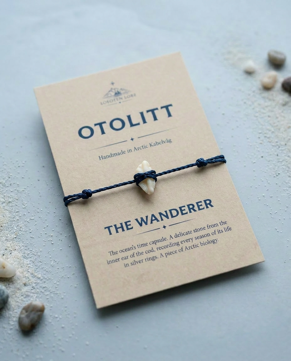 Vandreren bracelet — a pale cod otolith on braided navy cord, presented on a Lofoten Lore Otolitt card
