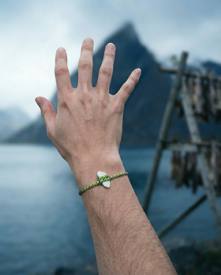 Vandreren bracelet worn on the wrist — braided cord with a pale cod otolith stone