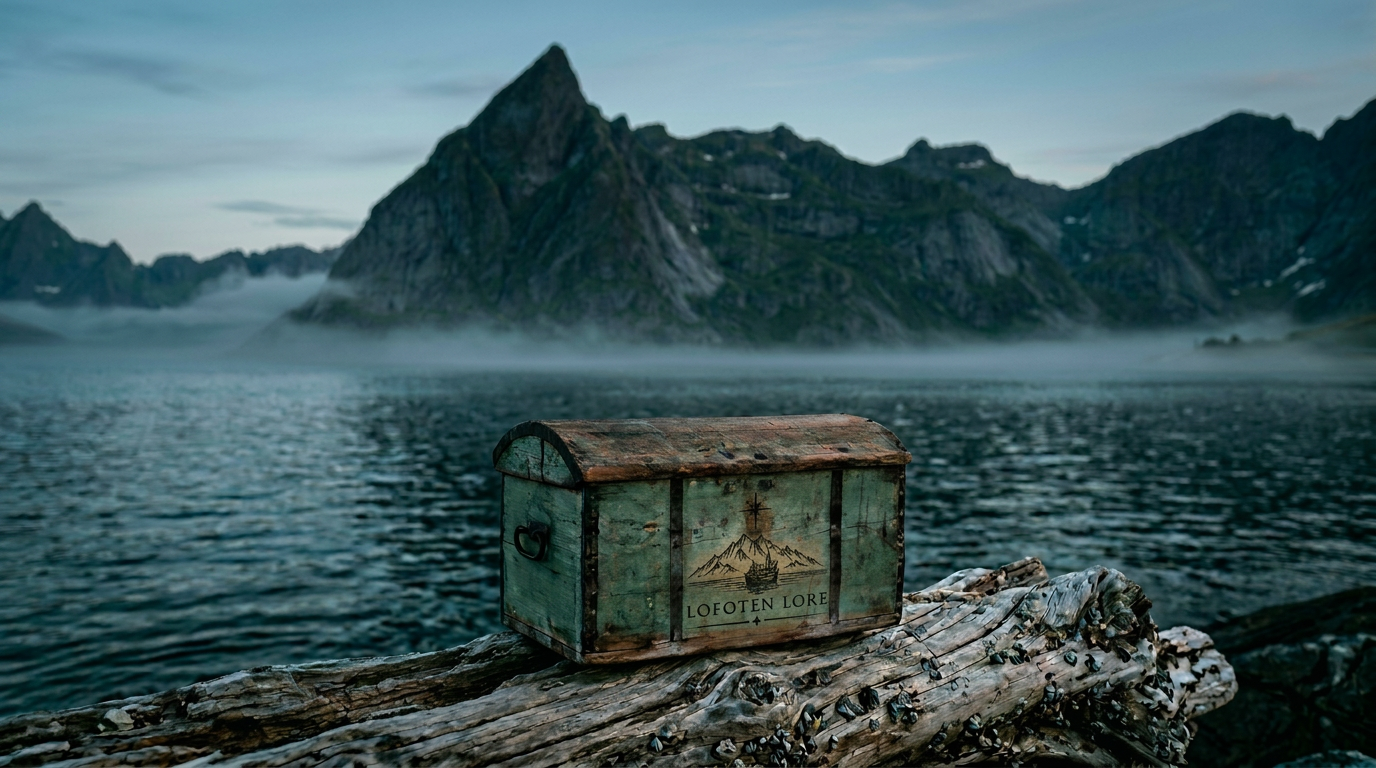 A handcrafted walnut Lofoten Lore presentation box holding an otolith bracelet, set on driftwood in front of misty arctic mountains at blue hour