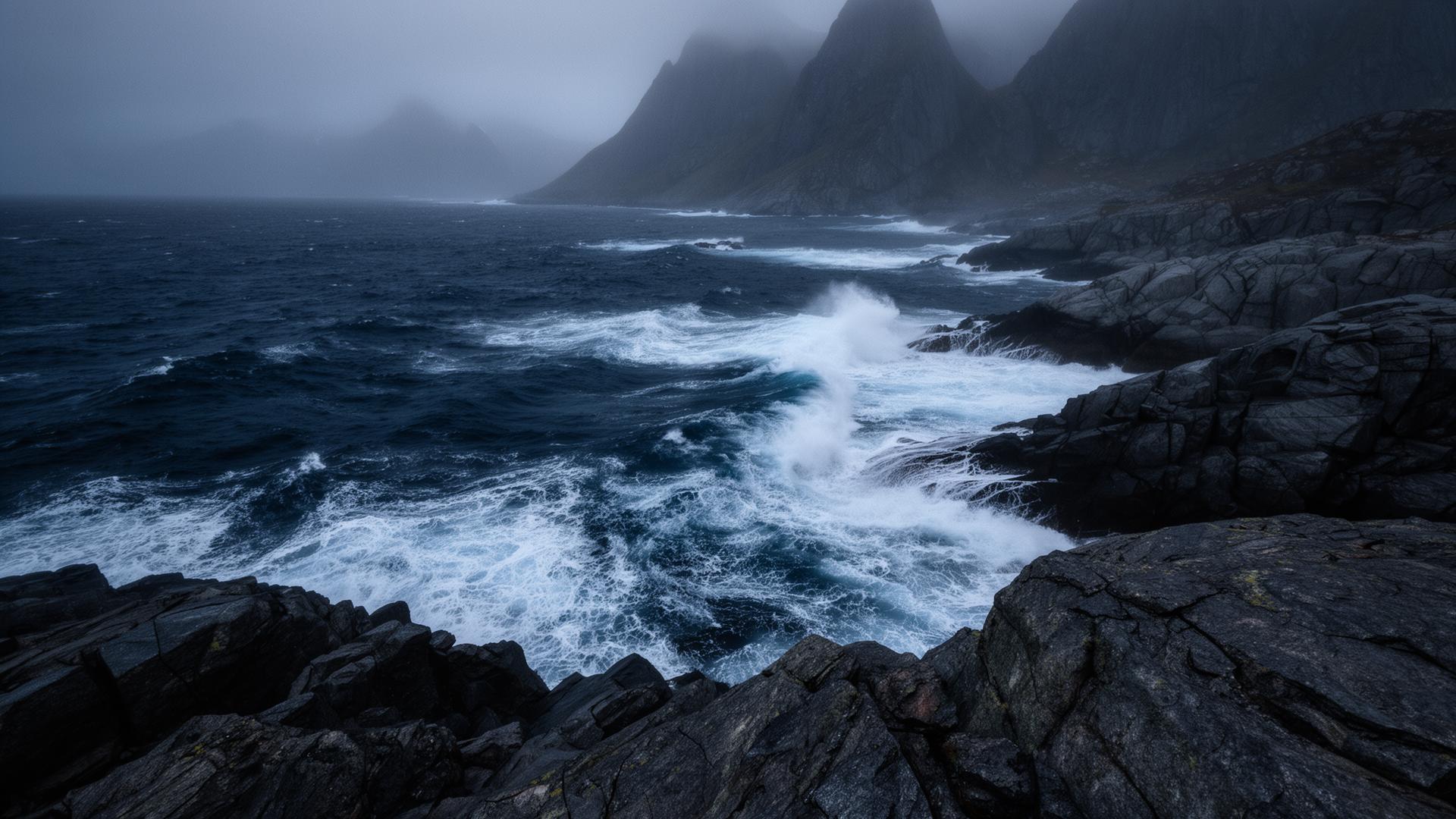 Dark arctic sea crashing against the rocky coastline of Lofoten